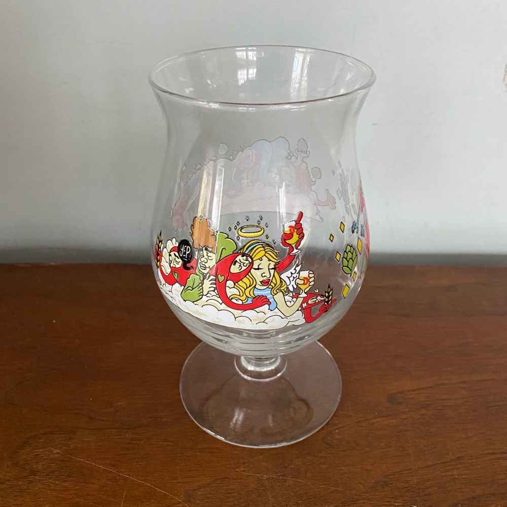 Duvel Beer Glass tulip shape JT Daniels art with color cartoon graphics